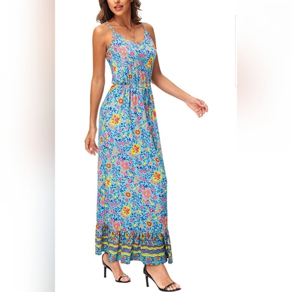 Boho Pink Floral Maxi Dress Spaghetti Strap Wavlynn Women main image 1